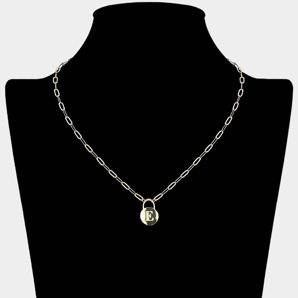 Brass Metal Initial Monogram Lock Pendant Necklace