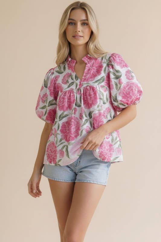Plus Floral Frilled Puff Sleeve Blouse