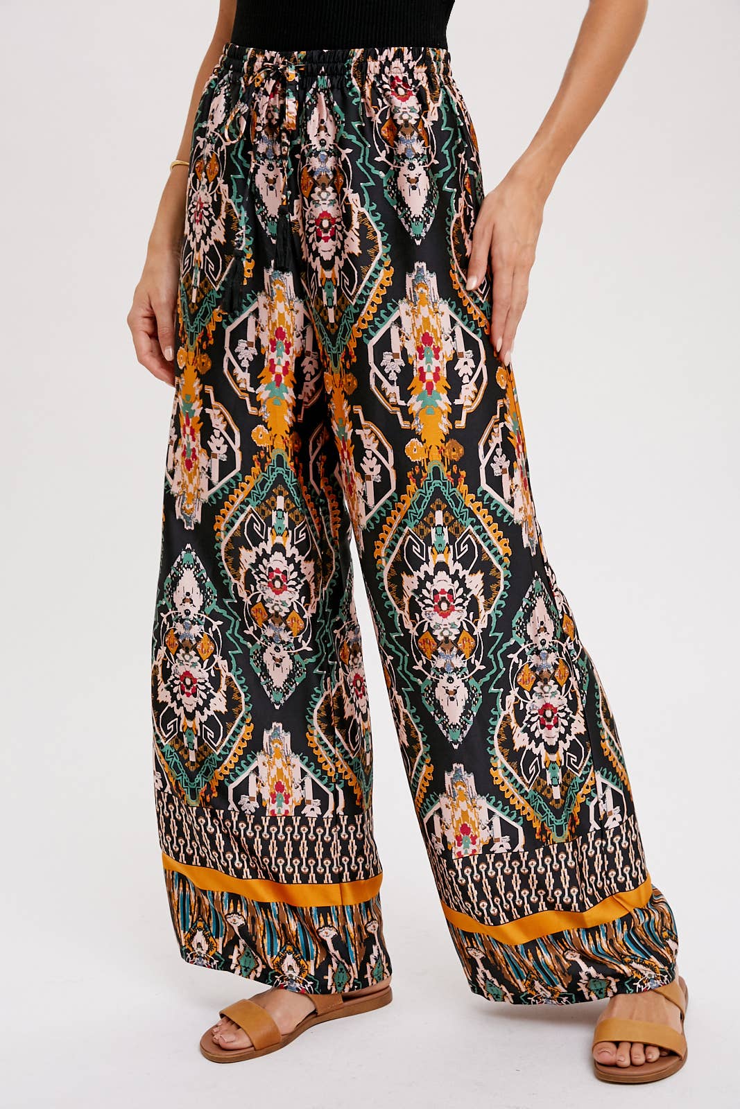 BORDER PRINT WIDE LEG PANTS