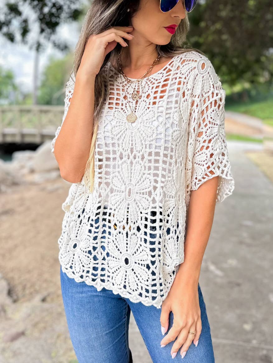 Ivory Boho Floral Crochet Dolman Sleeve Knit Top