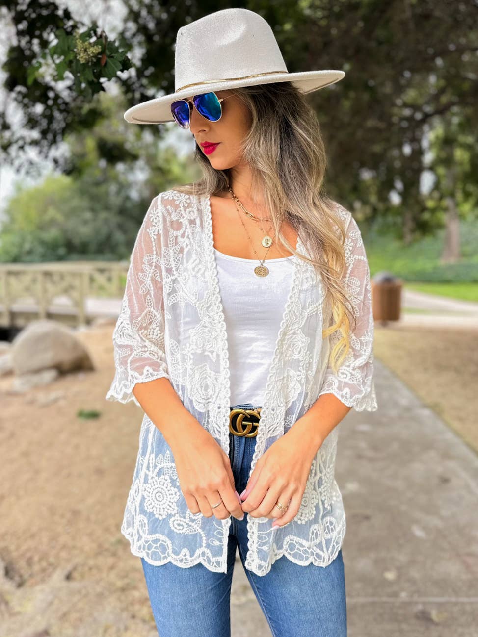 Ivory Floral Lace Sheer Dressy Short Sleeve Kimono Cover Up
