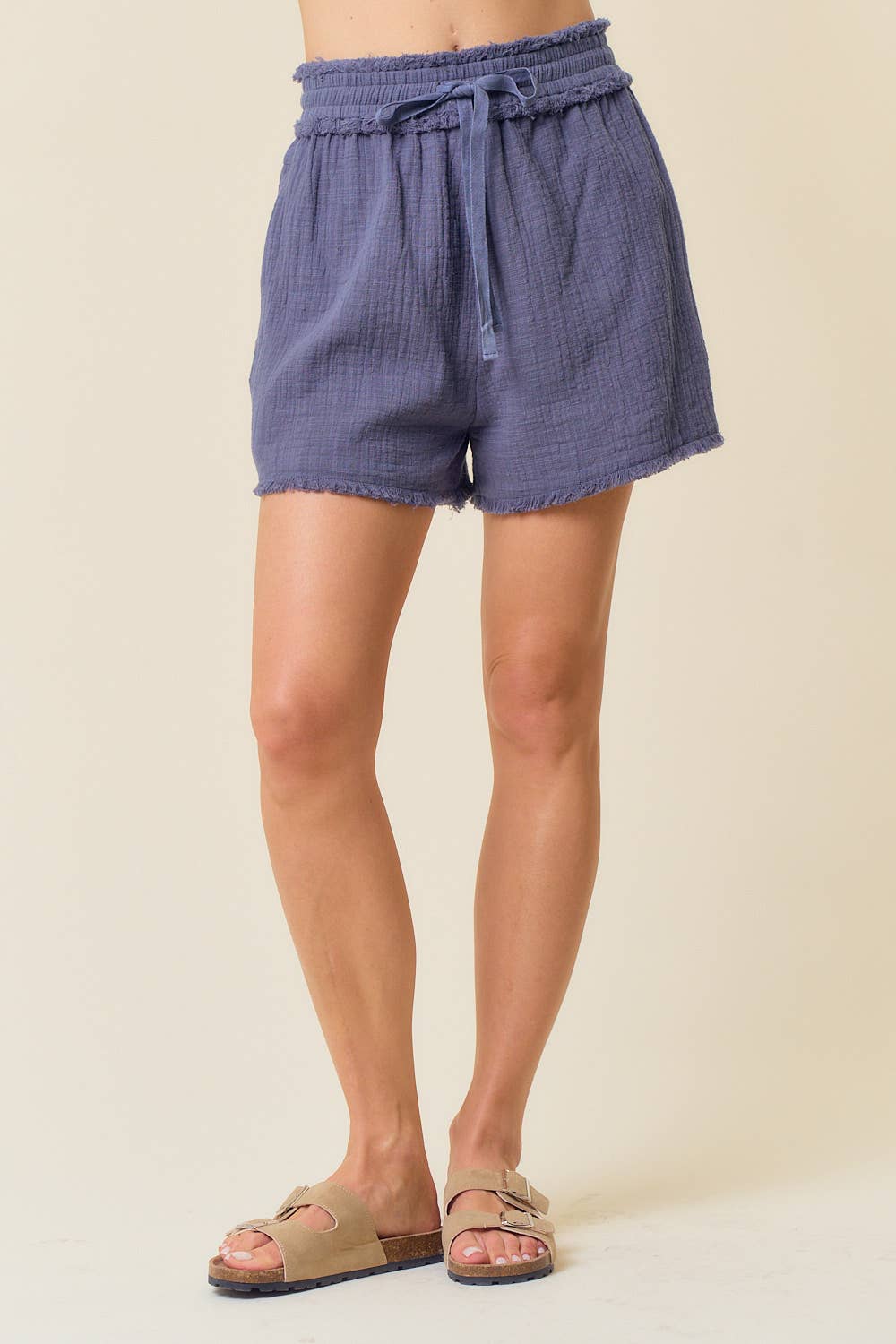 FRAYED COTTON GAUZE SHORTS W/ WIDE ELASTIC WAIST