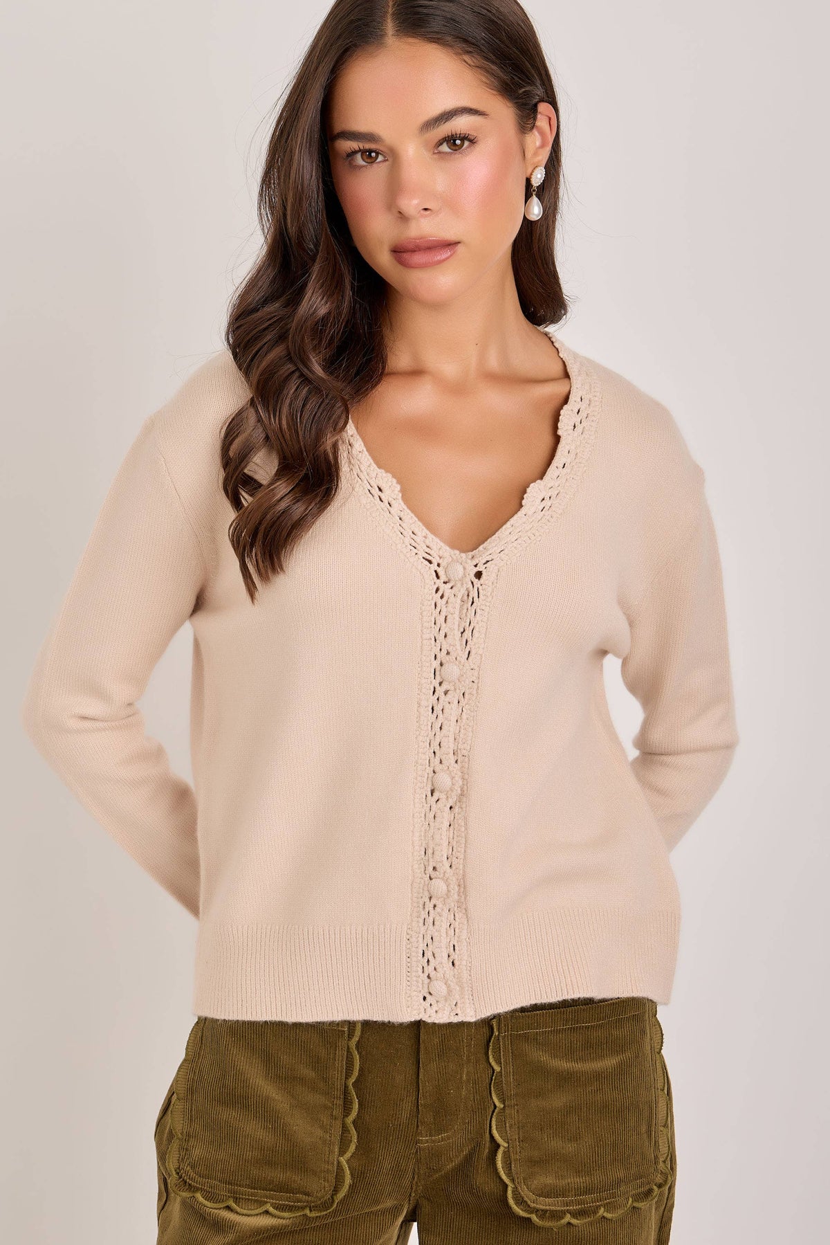 LACE TRIMMED BUTTON FRONT CARDIGAN