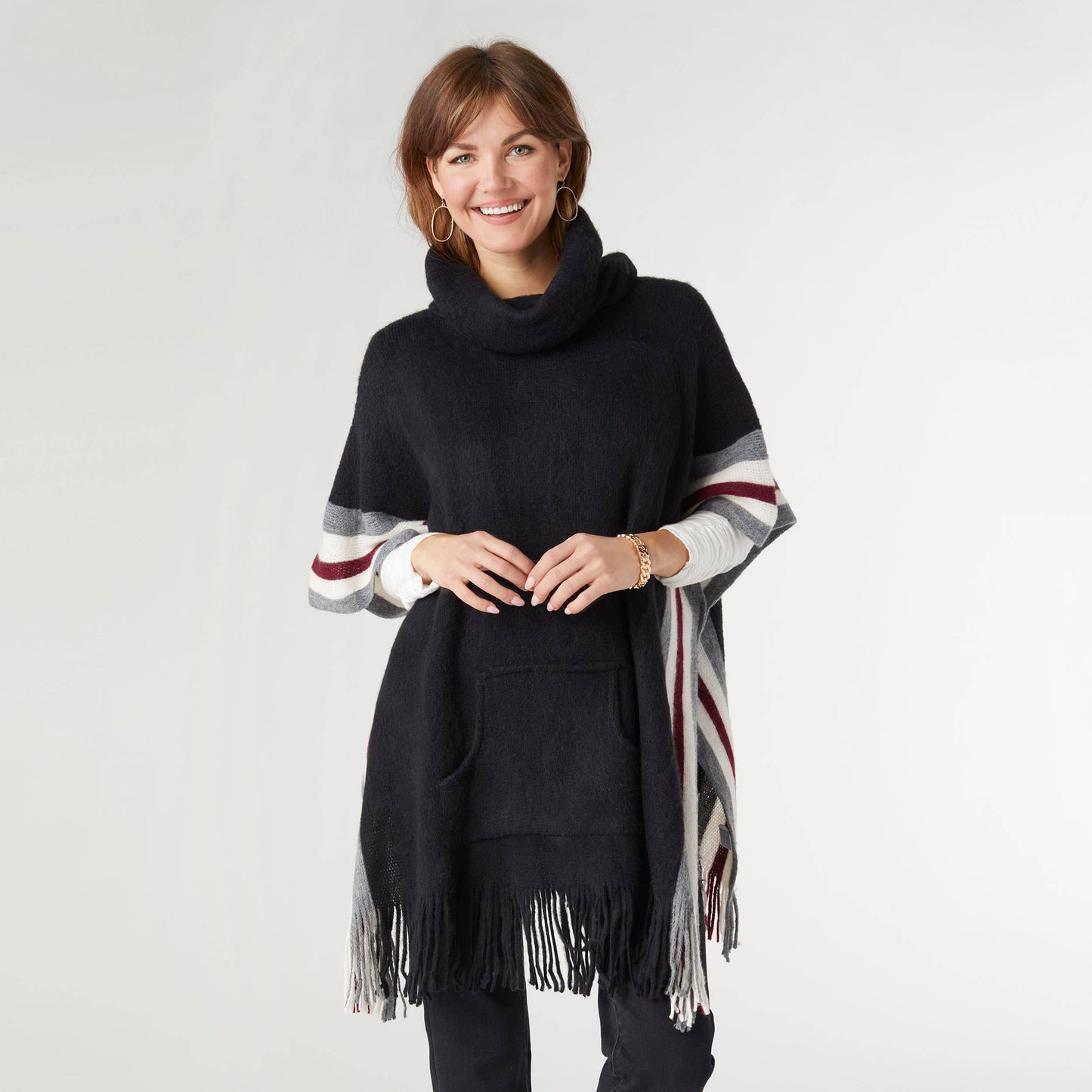 Myrna Turtleneck Poncho with Border Stripes