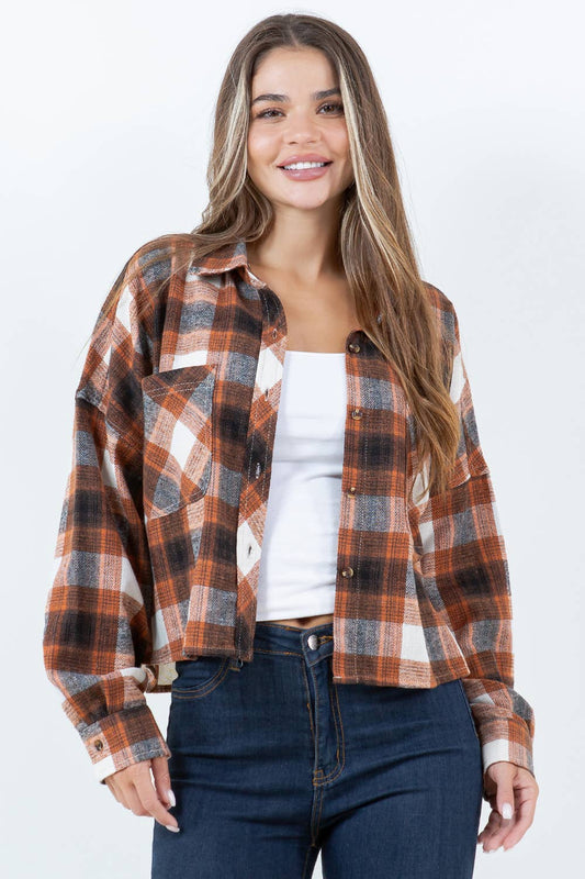 Cropped Boxy Long Sleeve Plaid Shirt