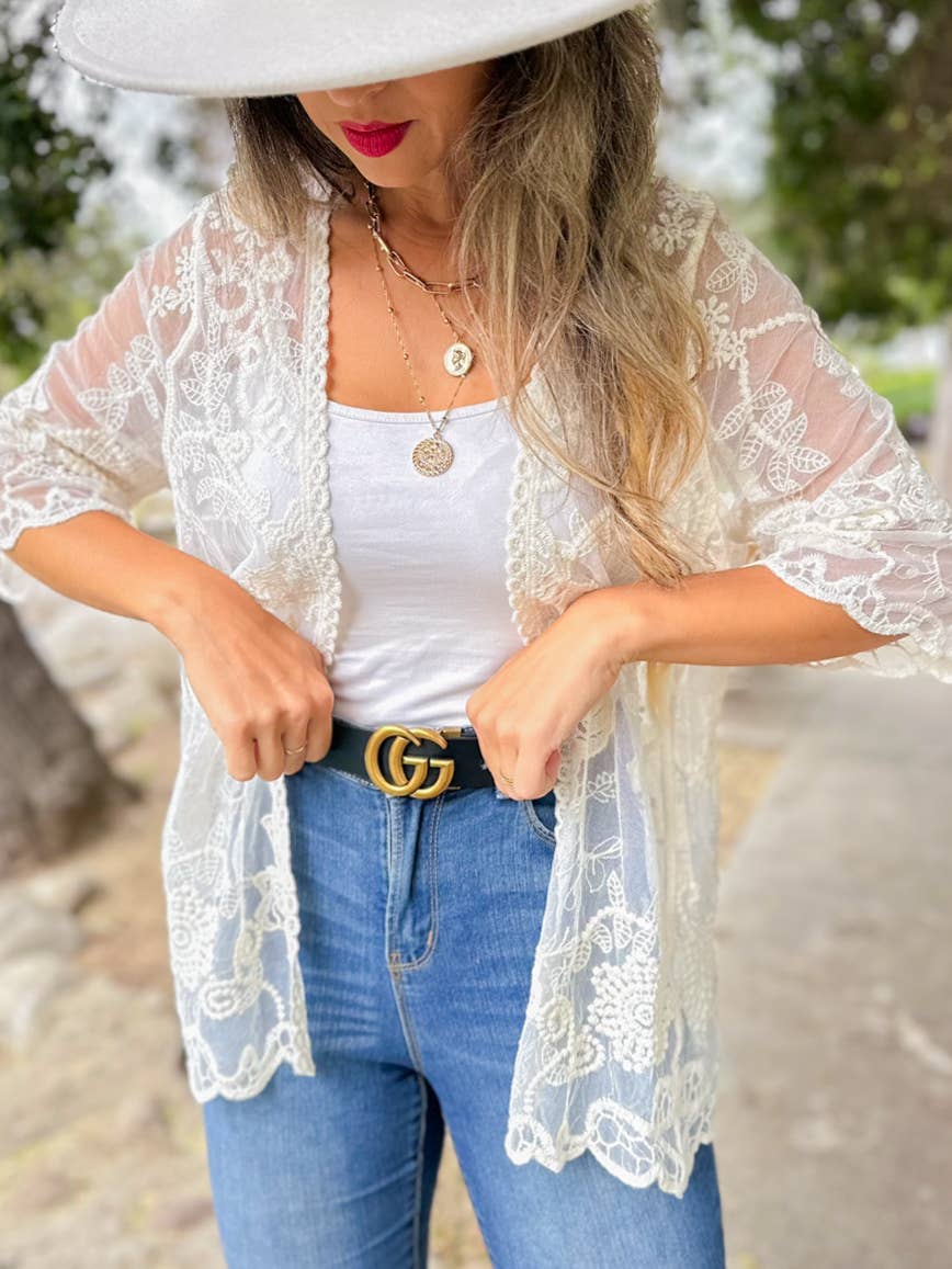 Ivory Floral Lace Sheer Dressy Short Sleeve Kimono Cover Up