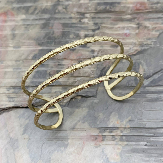 Gold Plated Adjustable Cuff Bracelet - 3 Textured Bands