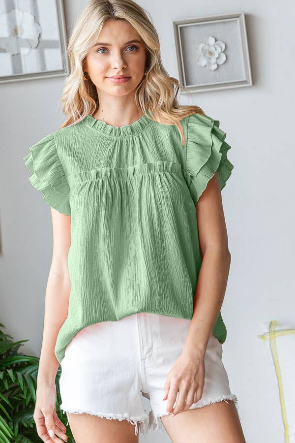 [PLUS SIZE] Crinkle Keyhole Ruffle Mock Neck Blouse T5519XL