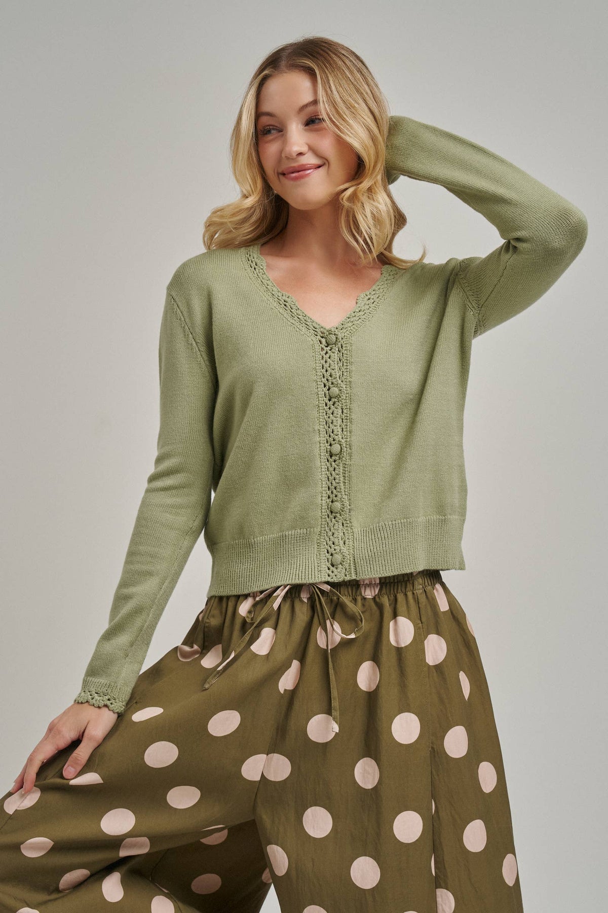 LACE TRIMMED BUTTON FRONT CARDIGAN