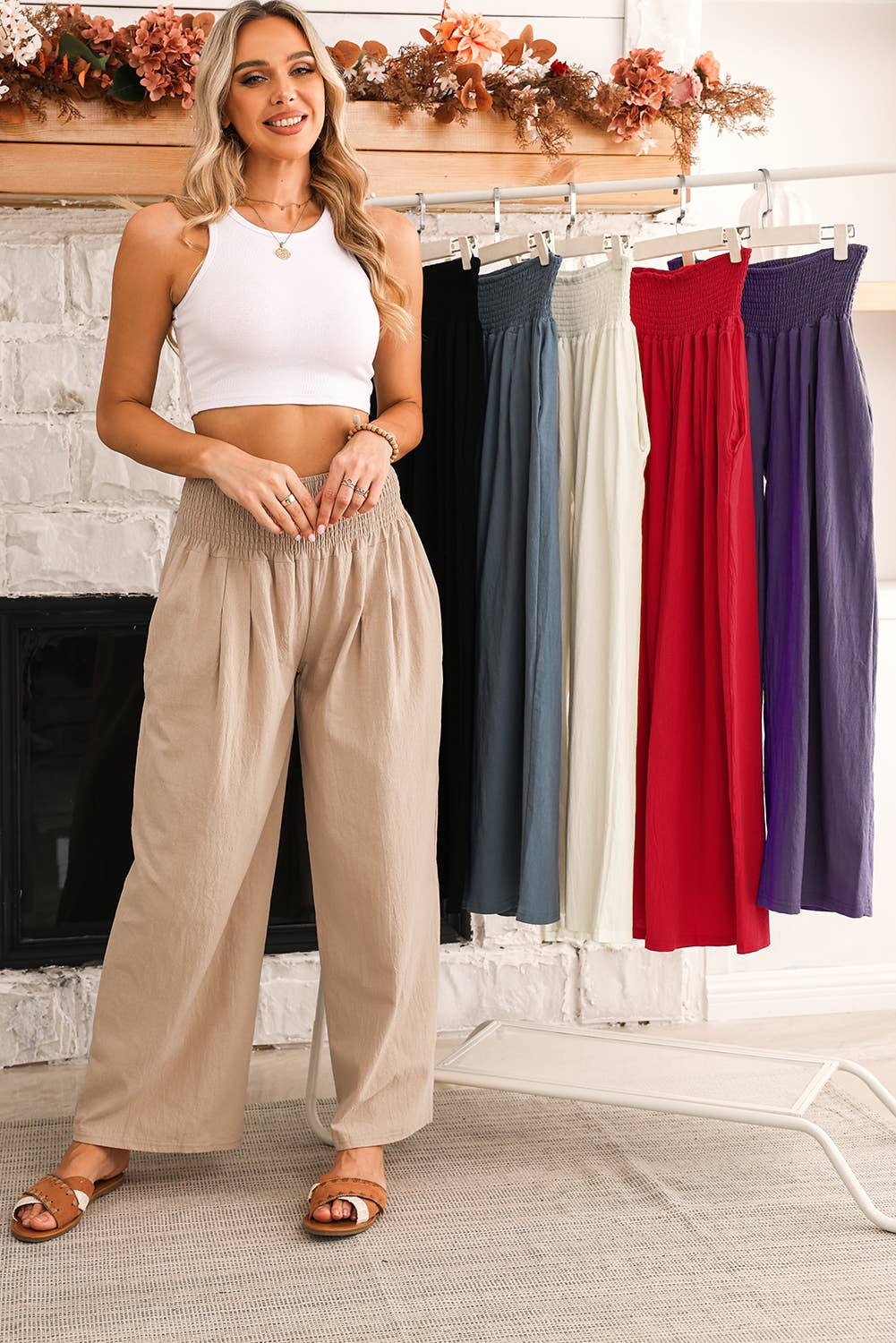 Smocked Wide Waistband High Waist Wide Leg Pants