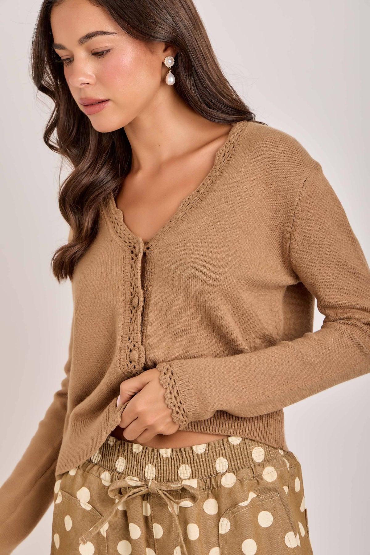 LACE TRIMMED BUTTON FRONT CARDIGAN