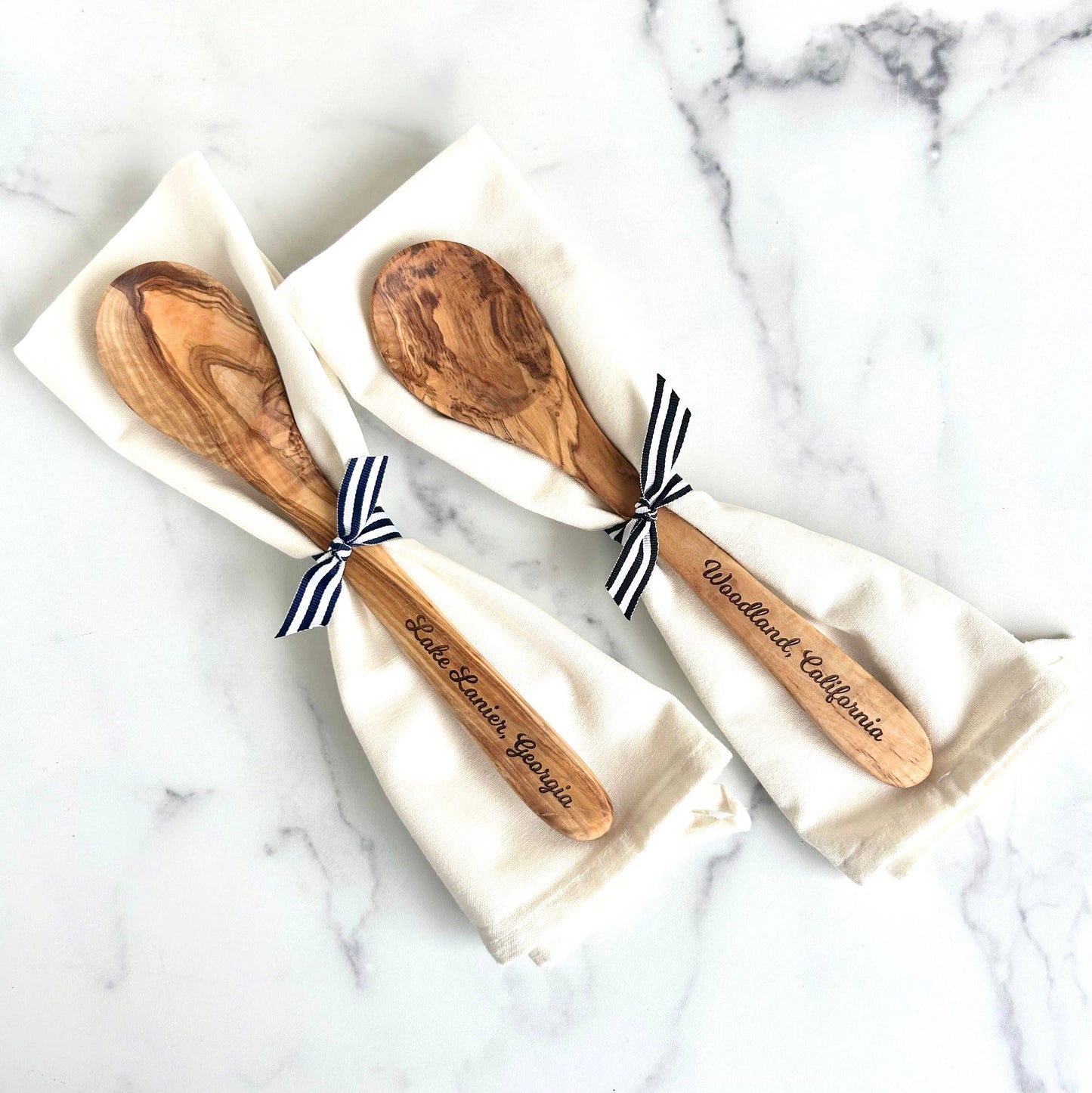 Custom City Name-"Godfrey, Illinois"- Olive Wood Serving Spoon & Towel Gift Set