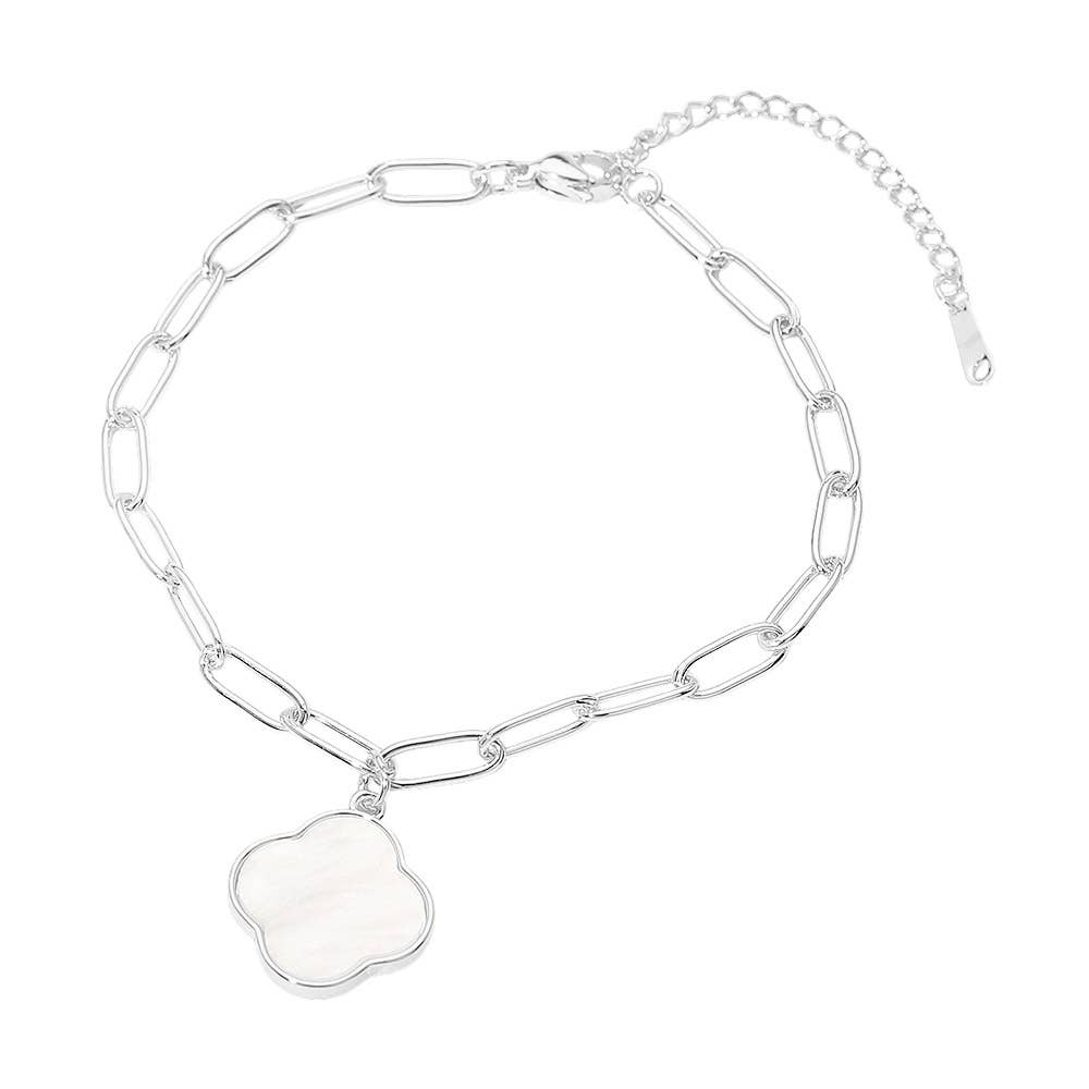Stainless Steel Mother of Pearl Quatrefoil Charm Paperclip Chain Anklet