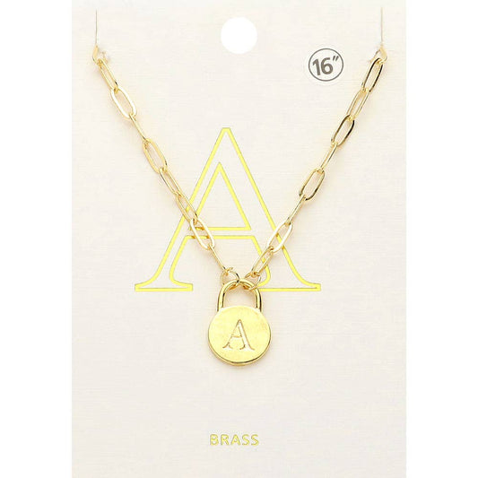 Brass Metal Initial Monogram Lock Pendant Necklace