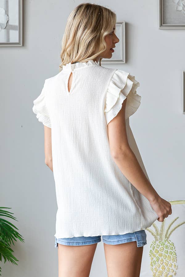 [PLUS SIZE] Crinkle Keyhole Ruffle Mock Neck Blouse T5519XL