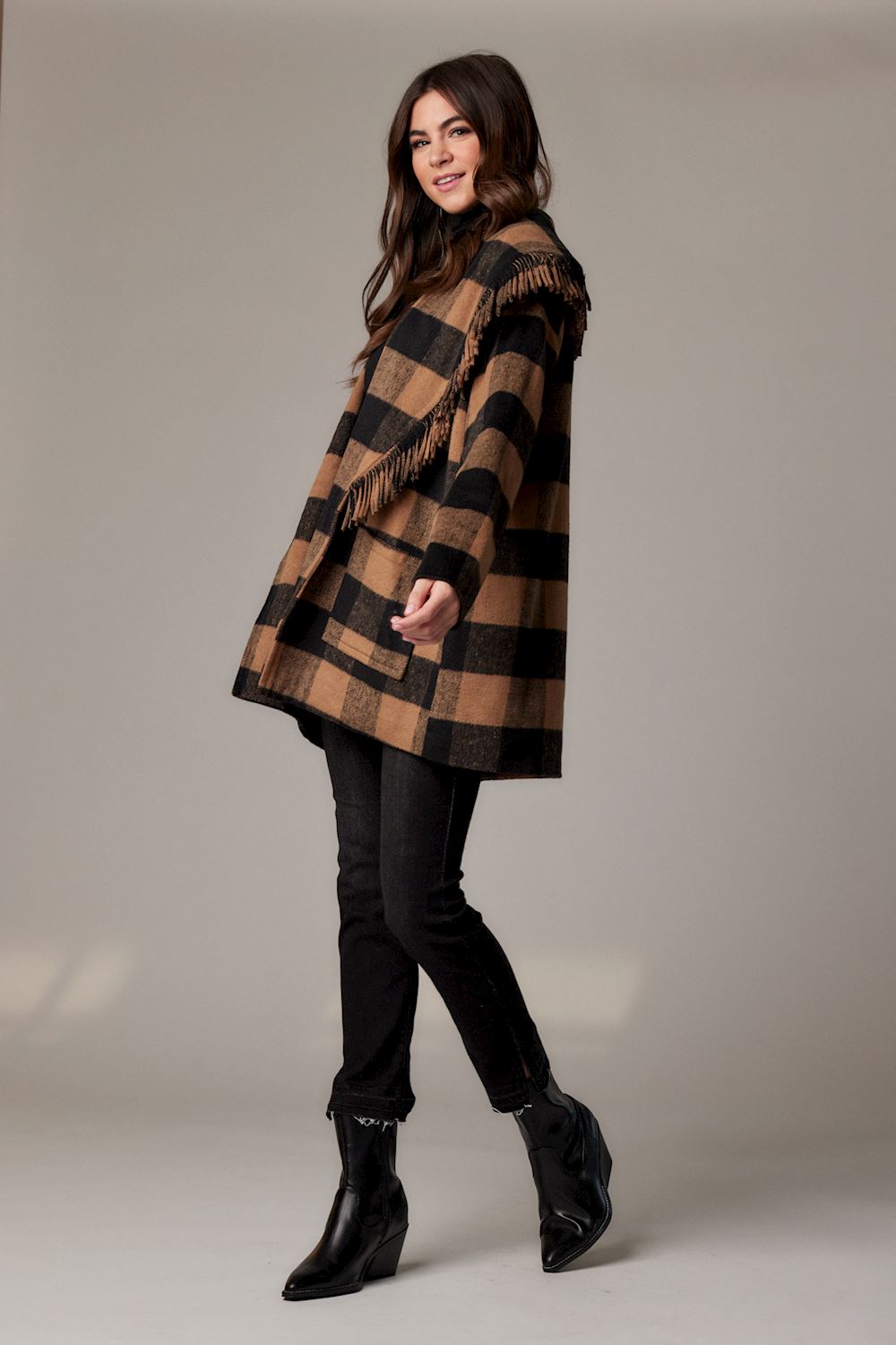 Mud Pie Tan & Black Hartford Fringe Coat