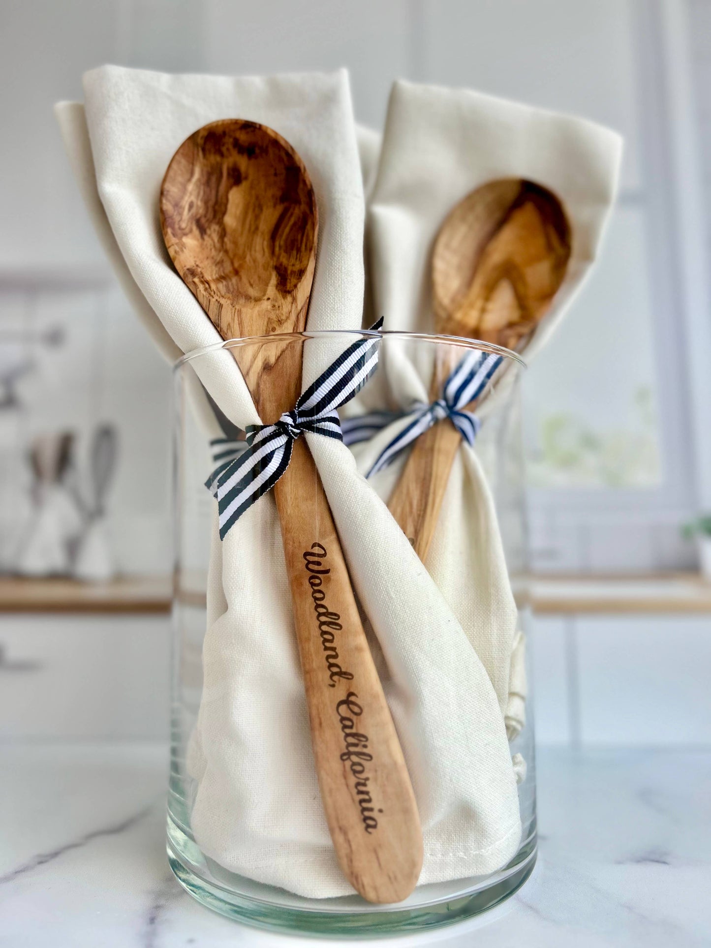 Custom City Name-"Godfrey, Illinois"- Olive Wood Serving Spoon & Towel Gift Set