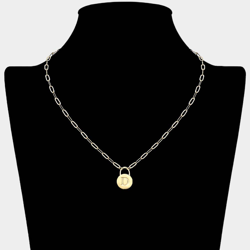 Brass Metal Initial Monogram Lock Pendant Necklace