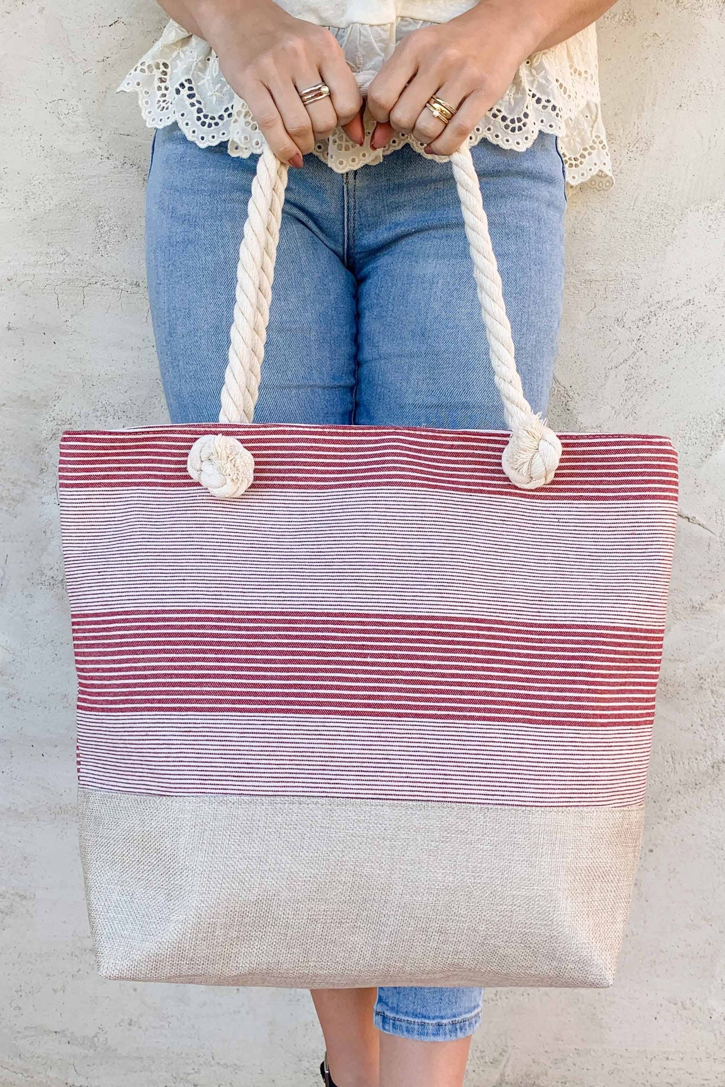 Red Stripe Beach Tote Bag with Comfy Rope Handles and Zipper