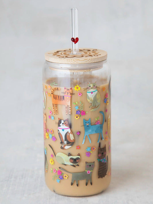 Natural Life Glass Tumbler With Lid & Straw-Cat