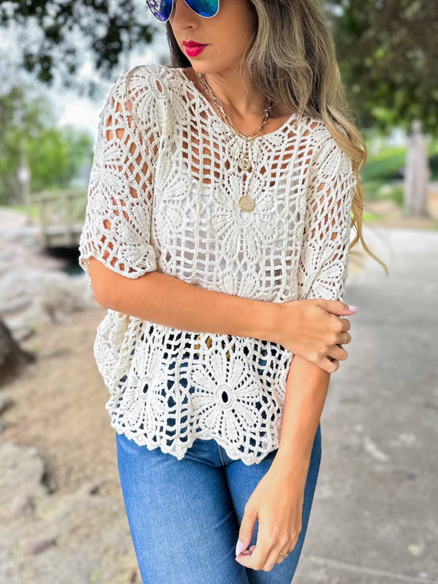 Ivory Boho Floral Crochet Dolman Sleeve Knit Top