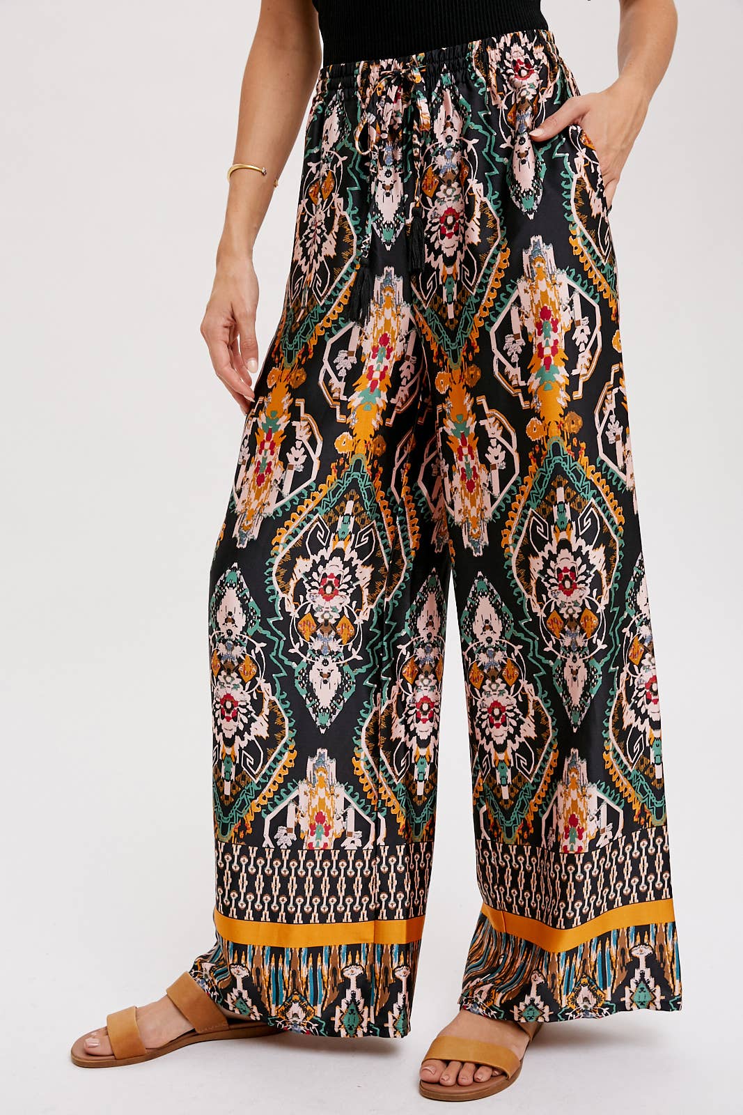 BORDER PRINT WIDE LEG PANTS