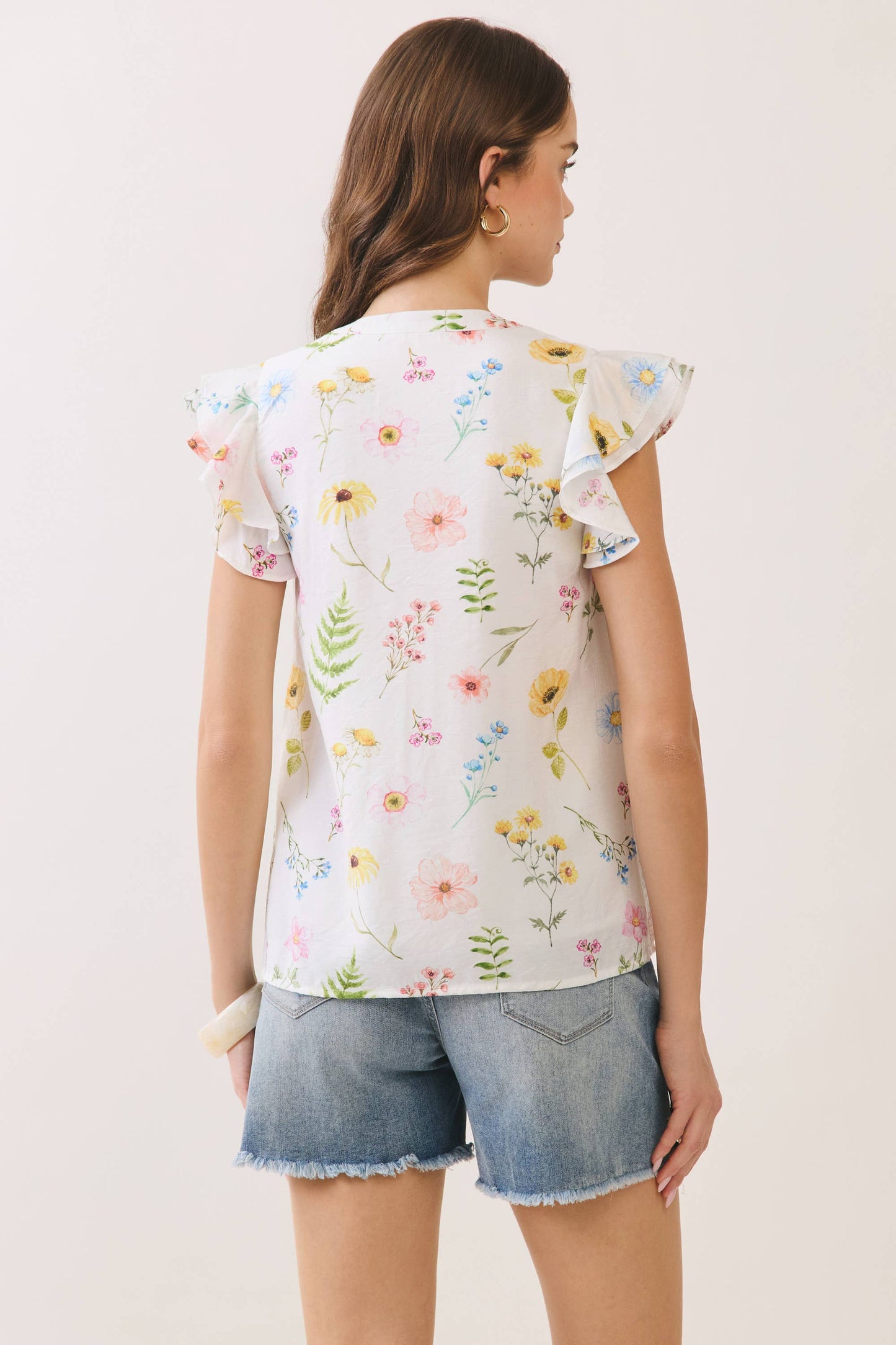 Off White Floral Pleated Detail Ruffle Sleeve Top