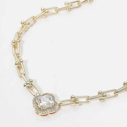 14K Gold Plated Quatrefoil CZ Charm Accent Industrial Link Necklace
