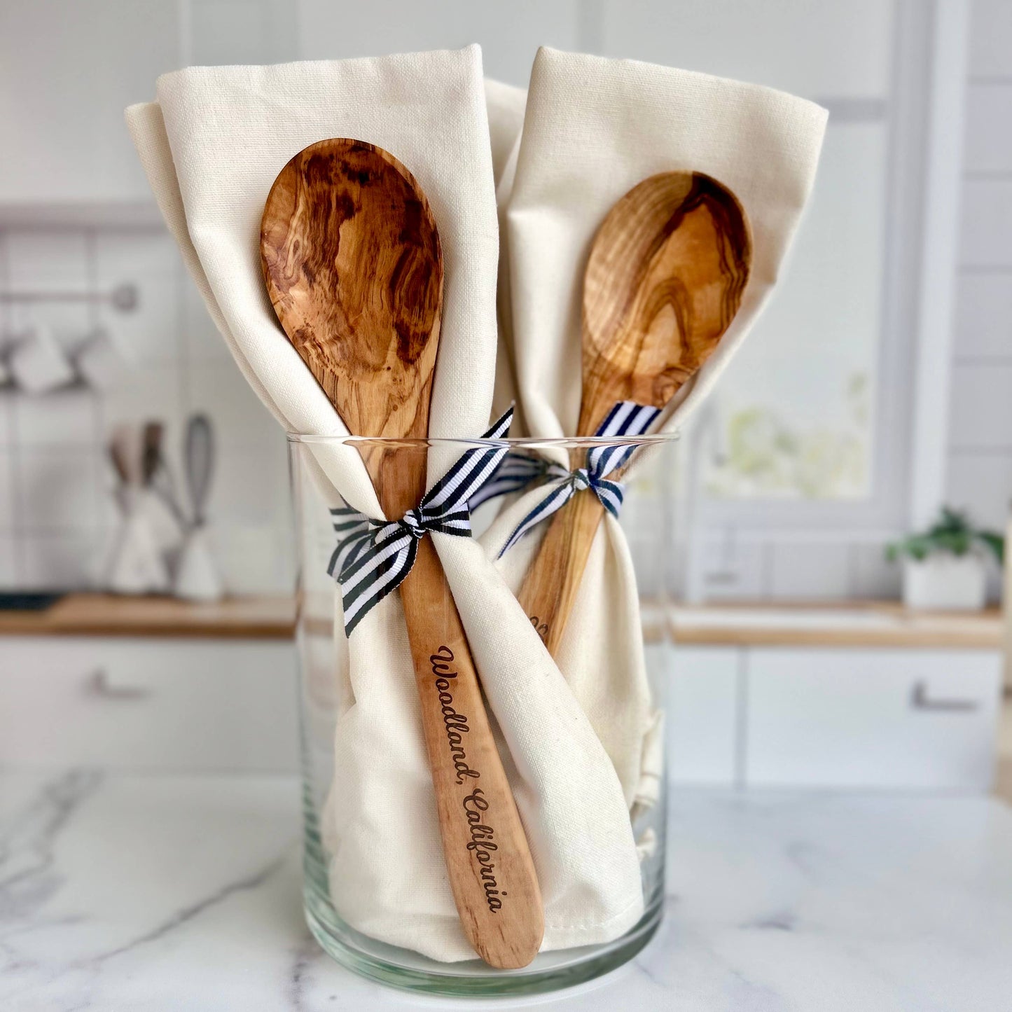 Custom City Name-"Godfrey, Illinois"- Olive Wood Serving Spoon & Towel Gift Set