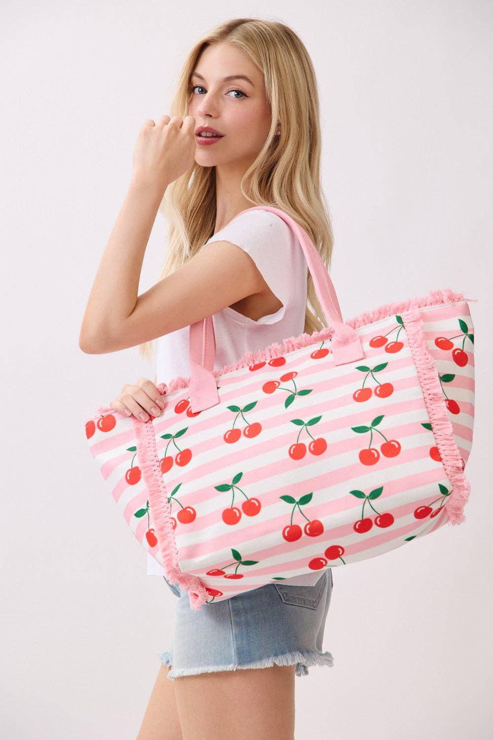 Cherry Print Canvas Tote Bag