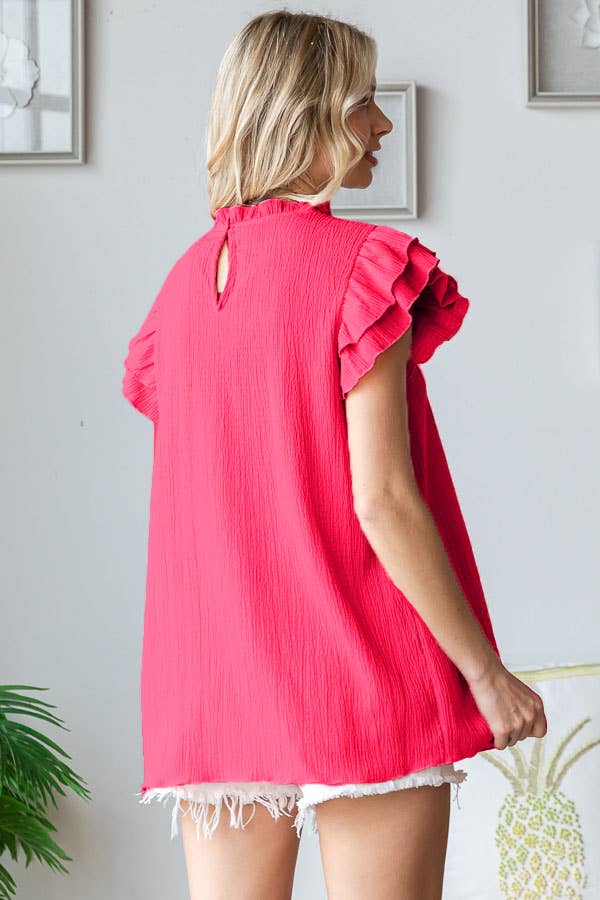 [PLUS SIZE] Crinkle Keyhole Ruffle Mock Neck Blouse T5519XL