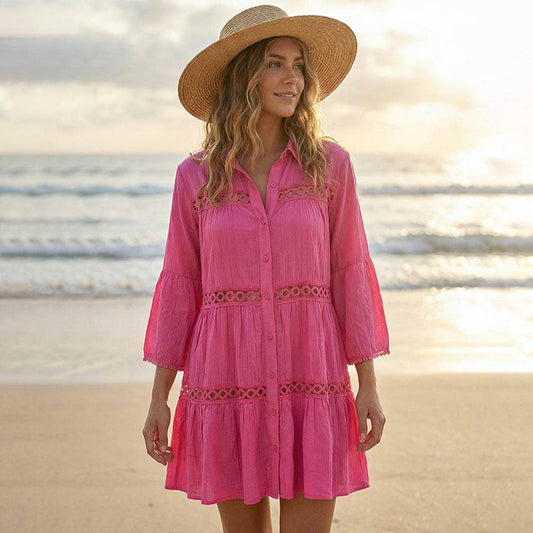 Button Front Lace Trim Beach Shirt Dress