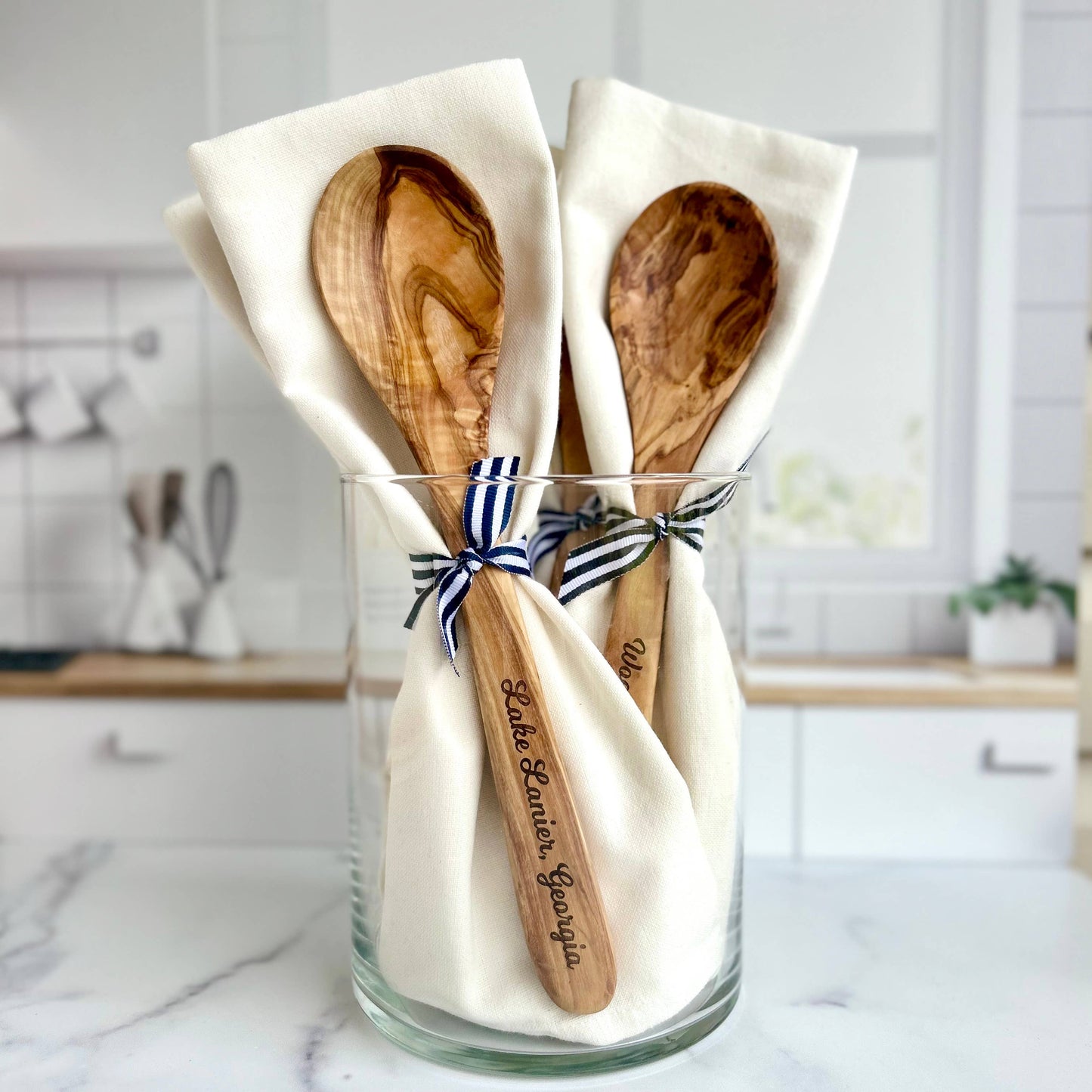 Custom City Name-"Godfrey, Illinois"- Olive Wood Serving Spoon & Towel Gift Set