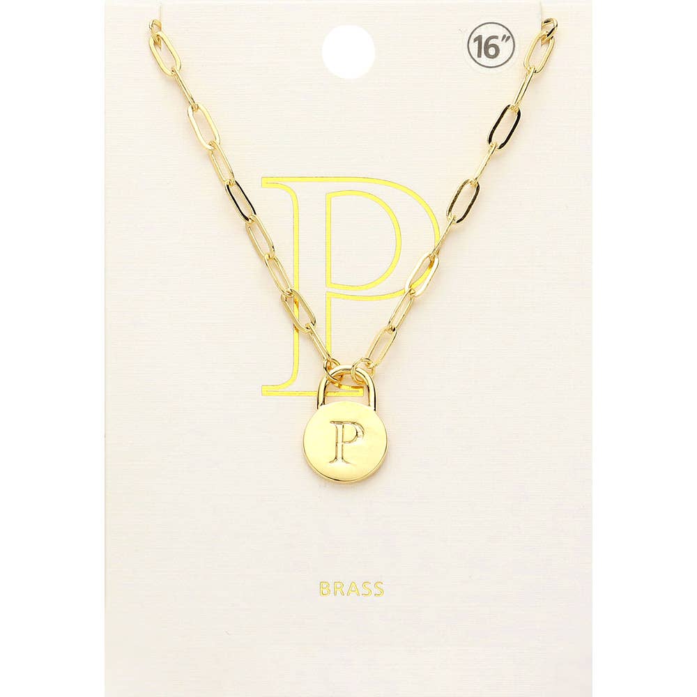 Brass Metal Initial Monogram Lock Pendant Necklace