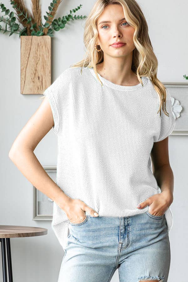 Women's Ribbed Knit Top with Round Neck T5598