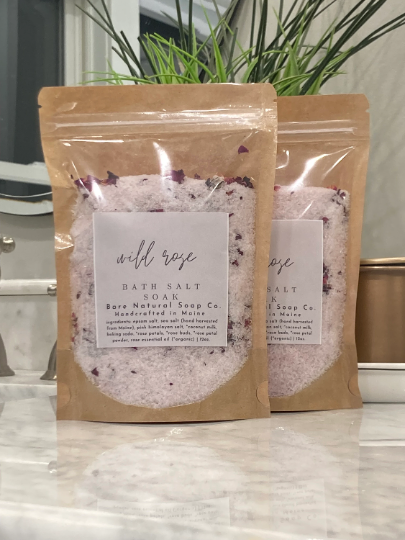 Therapeutic Bath Salt Soak | Handcrafted in Maine 12oz. Kraft Resealable Bag + bamboo scoop