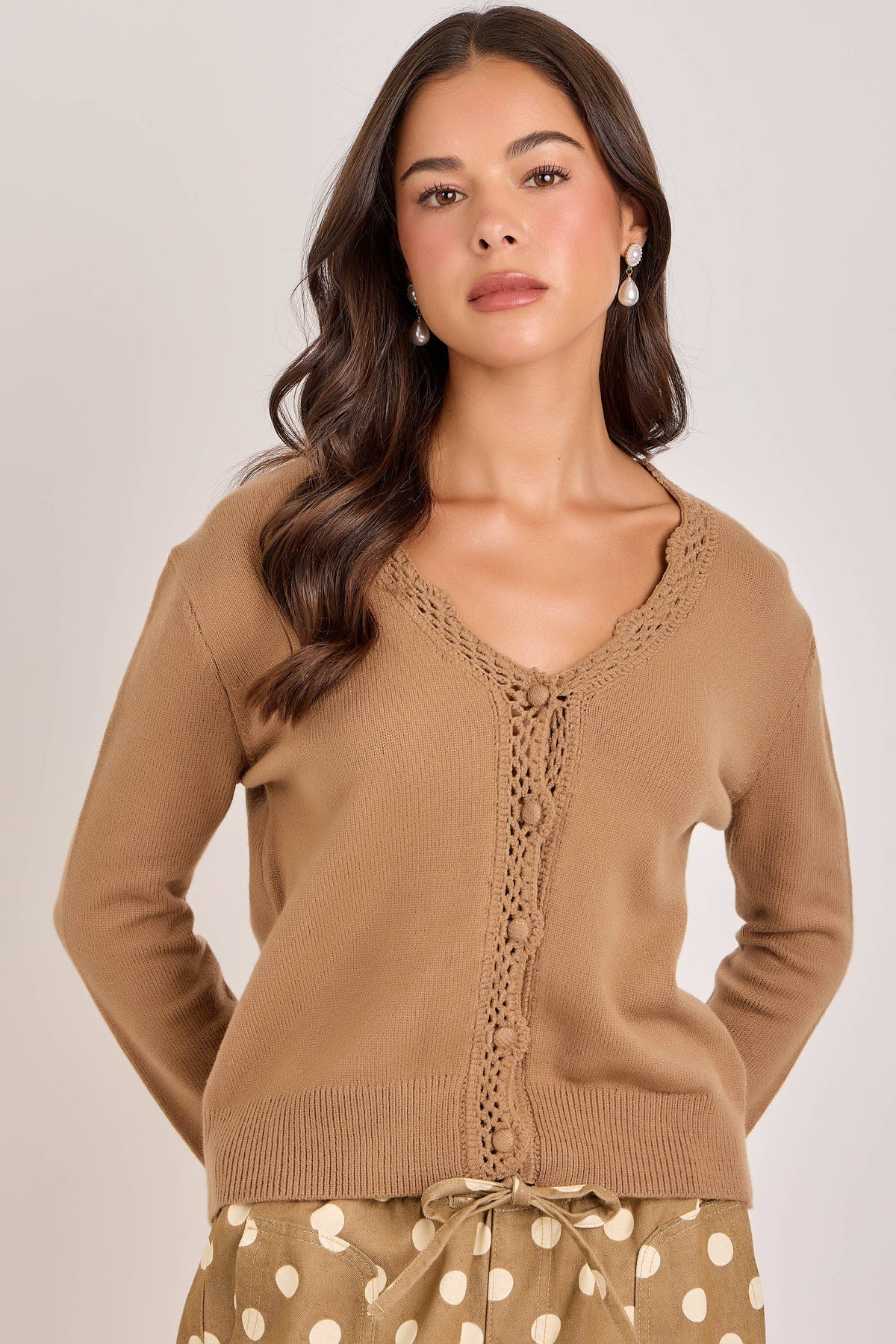 LACE TRIMMED BUTTON FRONT CARDIGAN