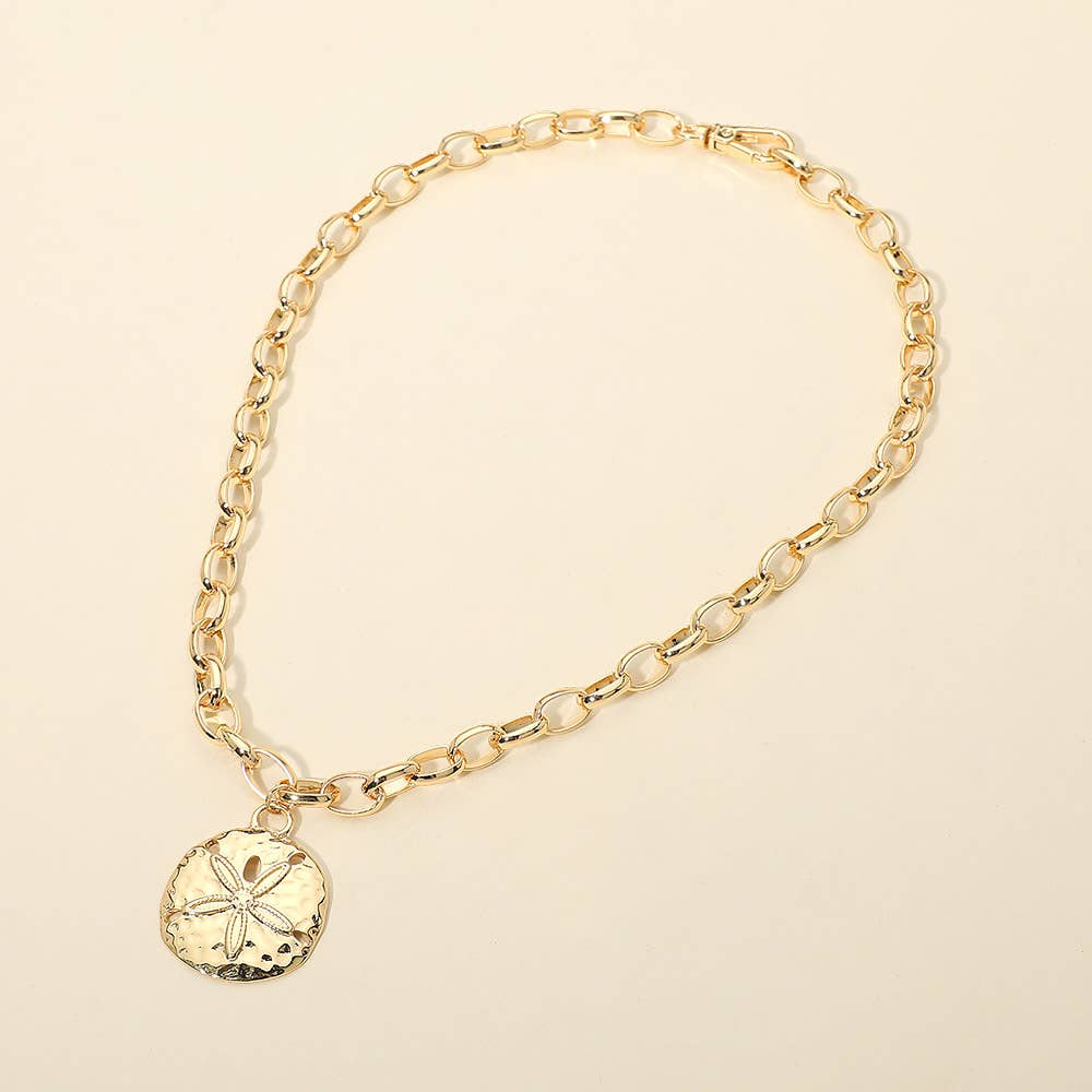 Hammered Metal Sand Dollar Pendant Chunky Chain Necklace