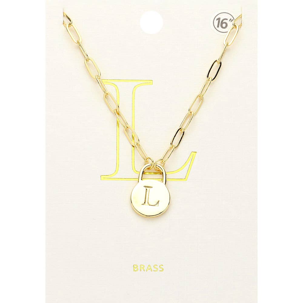 Brass Metal Initial Monogram Lock Pendant Necklace