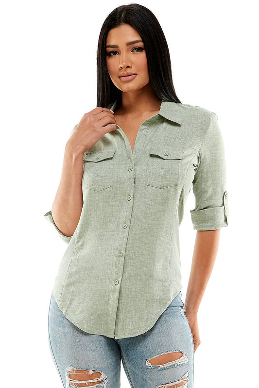 Womens 3/4 Sleeve Button-Down Shirt with Conrast Side Rib