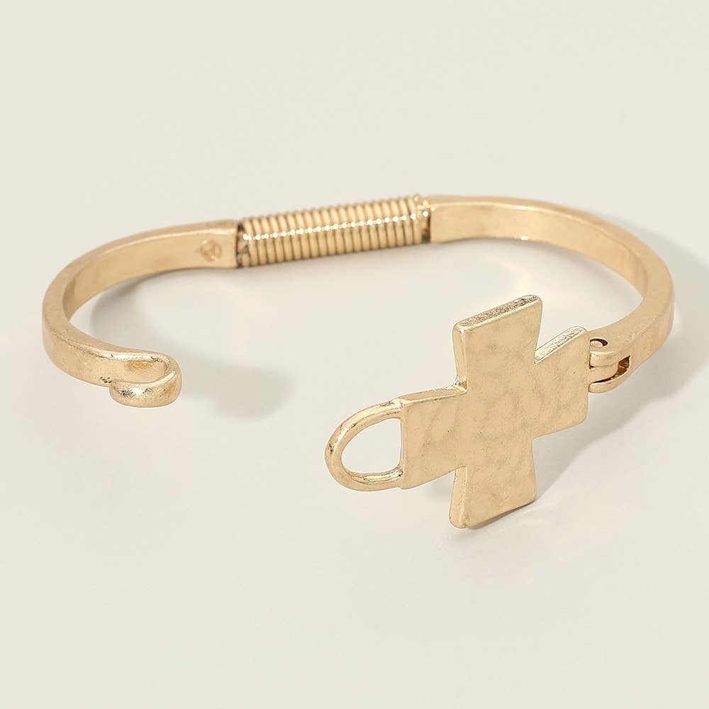 Hammered Metal Cross Accent Hinged Bangle Bracelet
