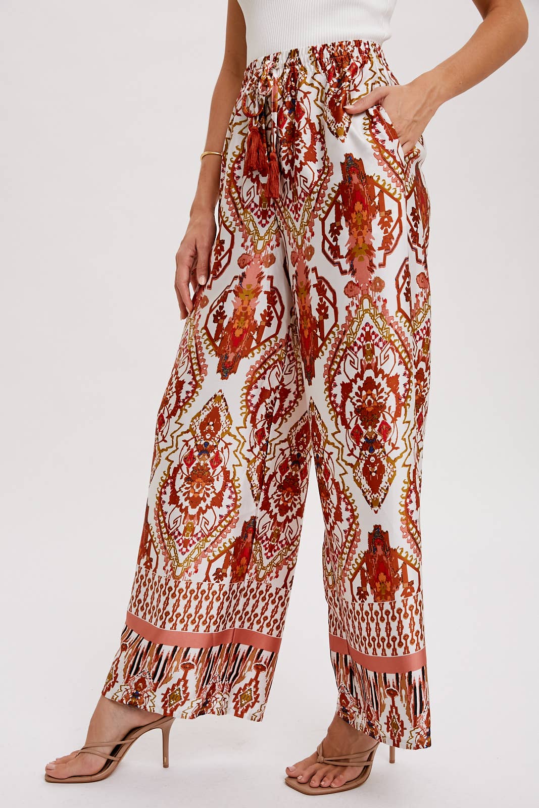 BORDER PRINT WIDE LEG PANTS