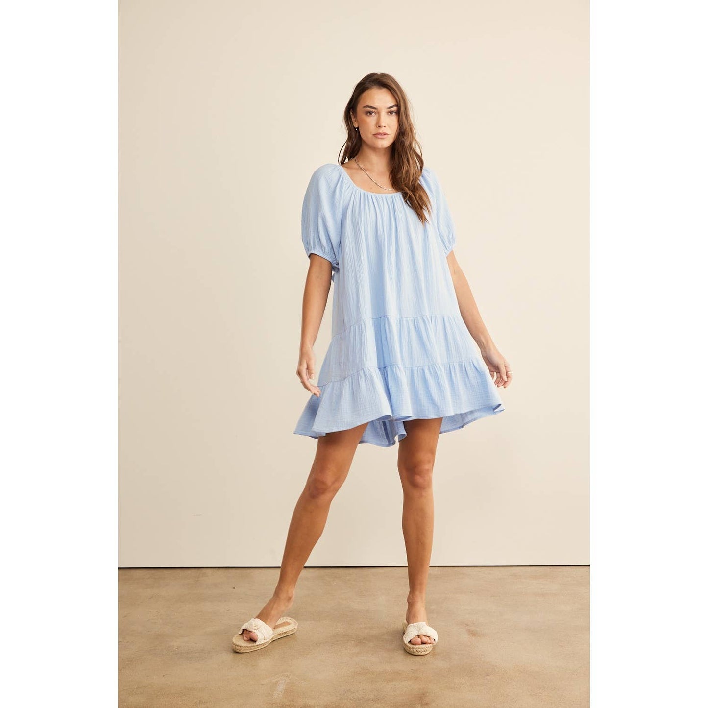 RIBBON BACK DETAIL TIERED COTTON GAUZE MINI DRESS