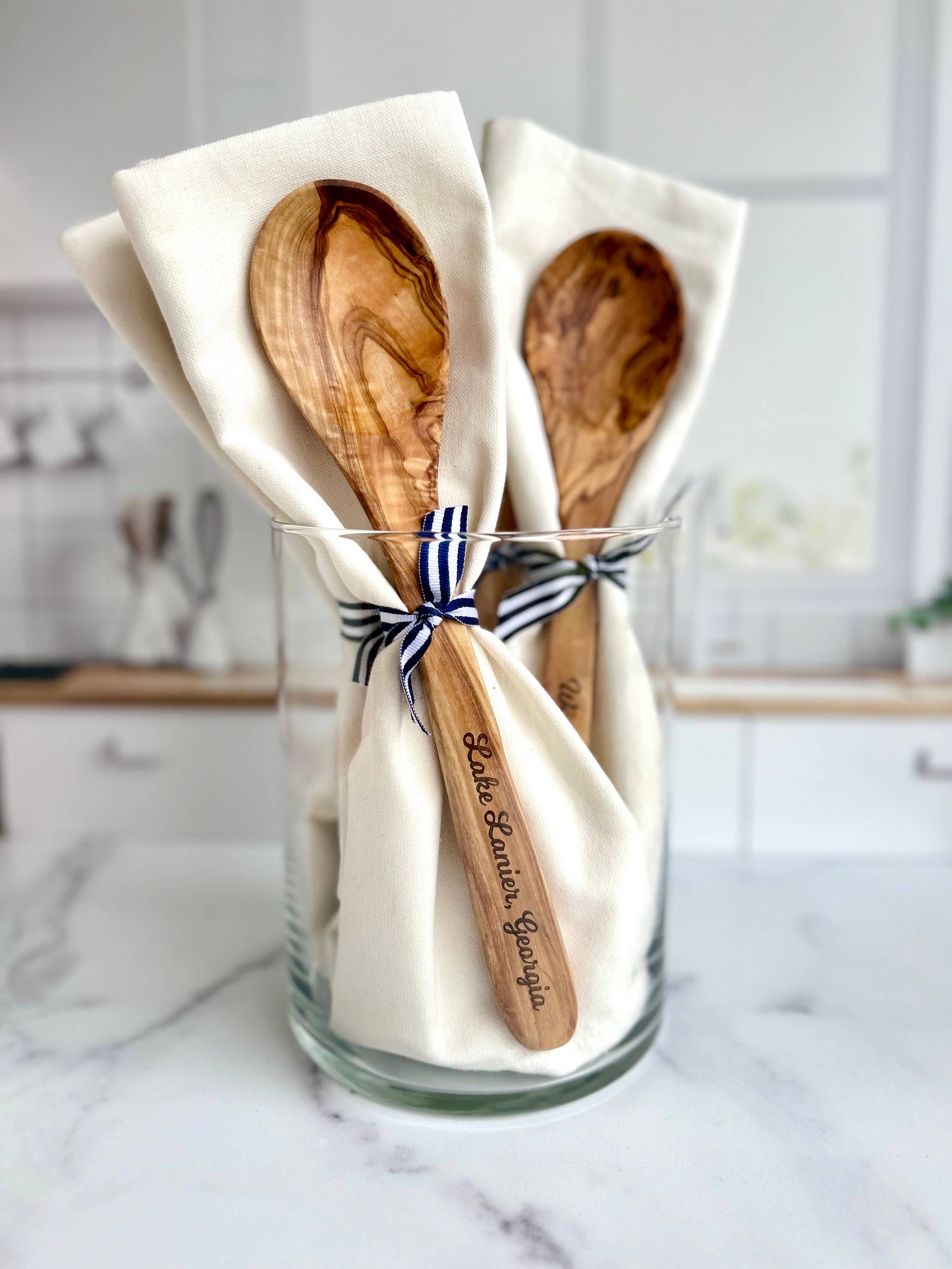 Custom City Name-"Godfrey, Illinois"- Olive Wood Serving Spoon & Towel Gift Set