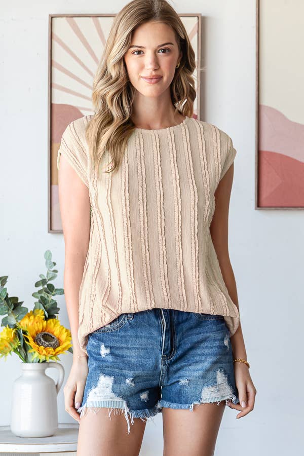 [PLUS SIZE] Stripe Textured Cap Sleeves Blouse T5948XL