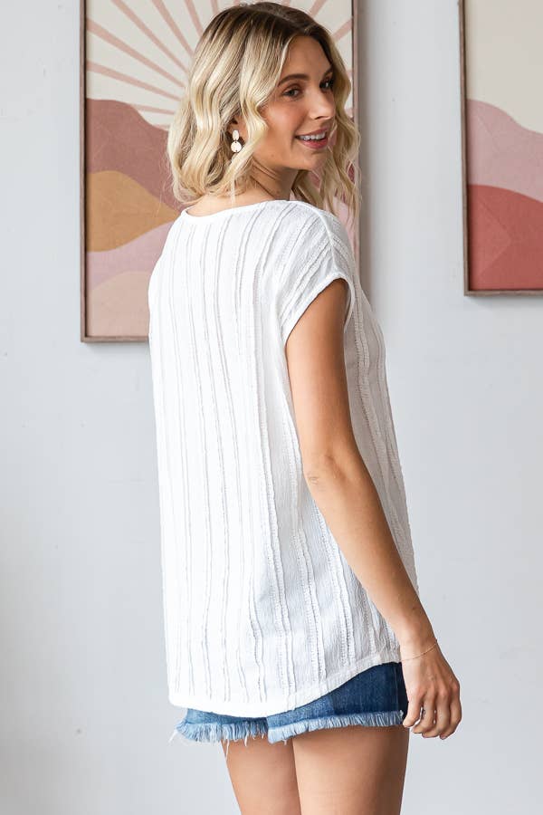 [PLUS SIZE] Stripe Textured Cap Sleeves Blouse T5948XL