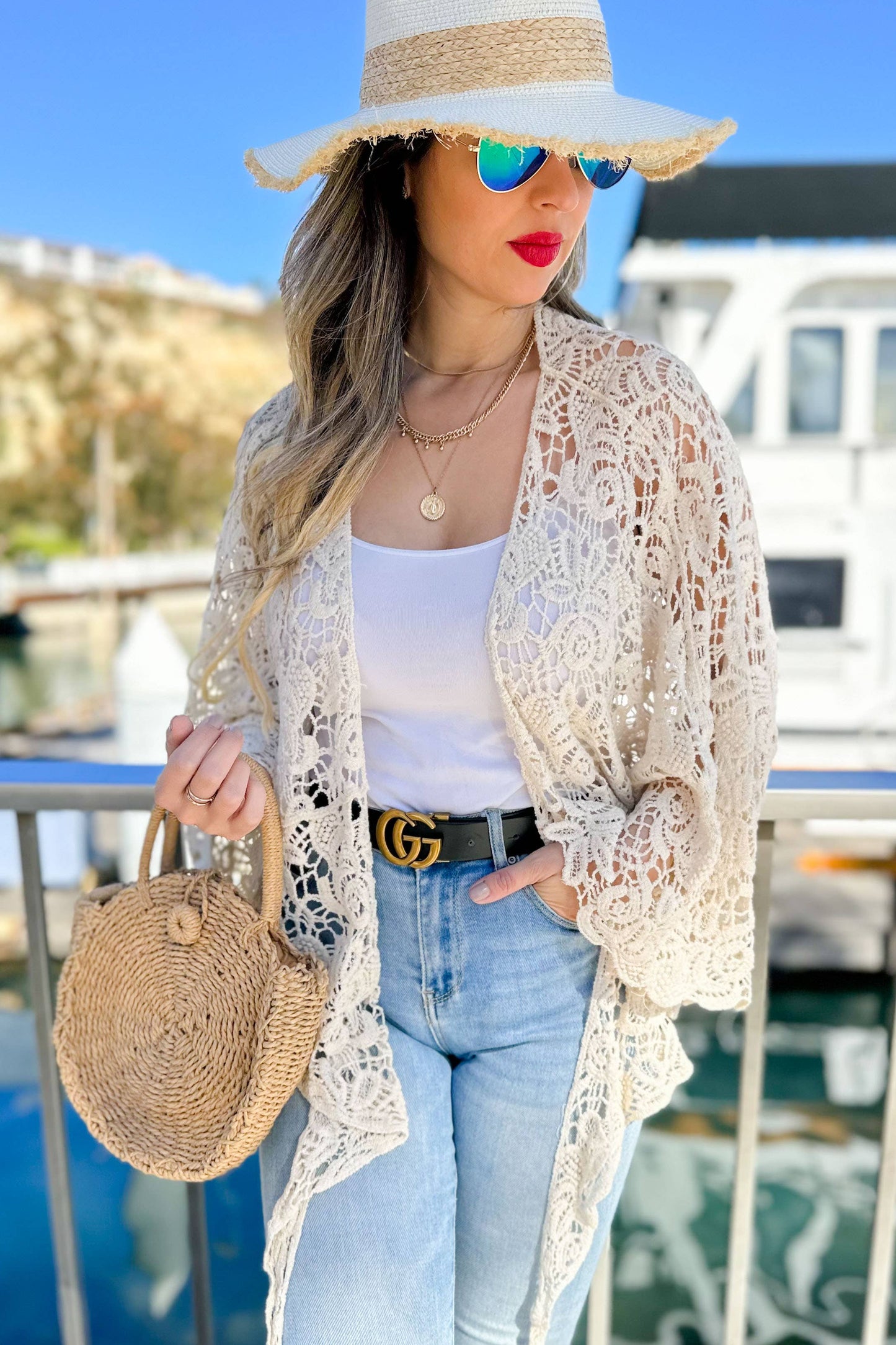 Ivory Floral Crochet Bell Sleeve Open Front Cardigan CoverUp