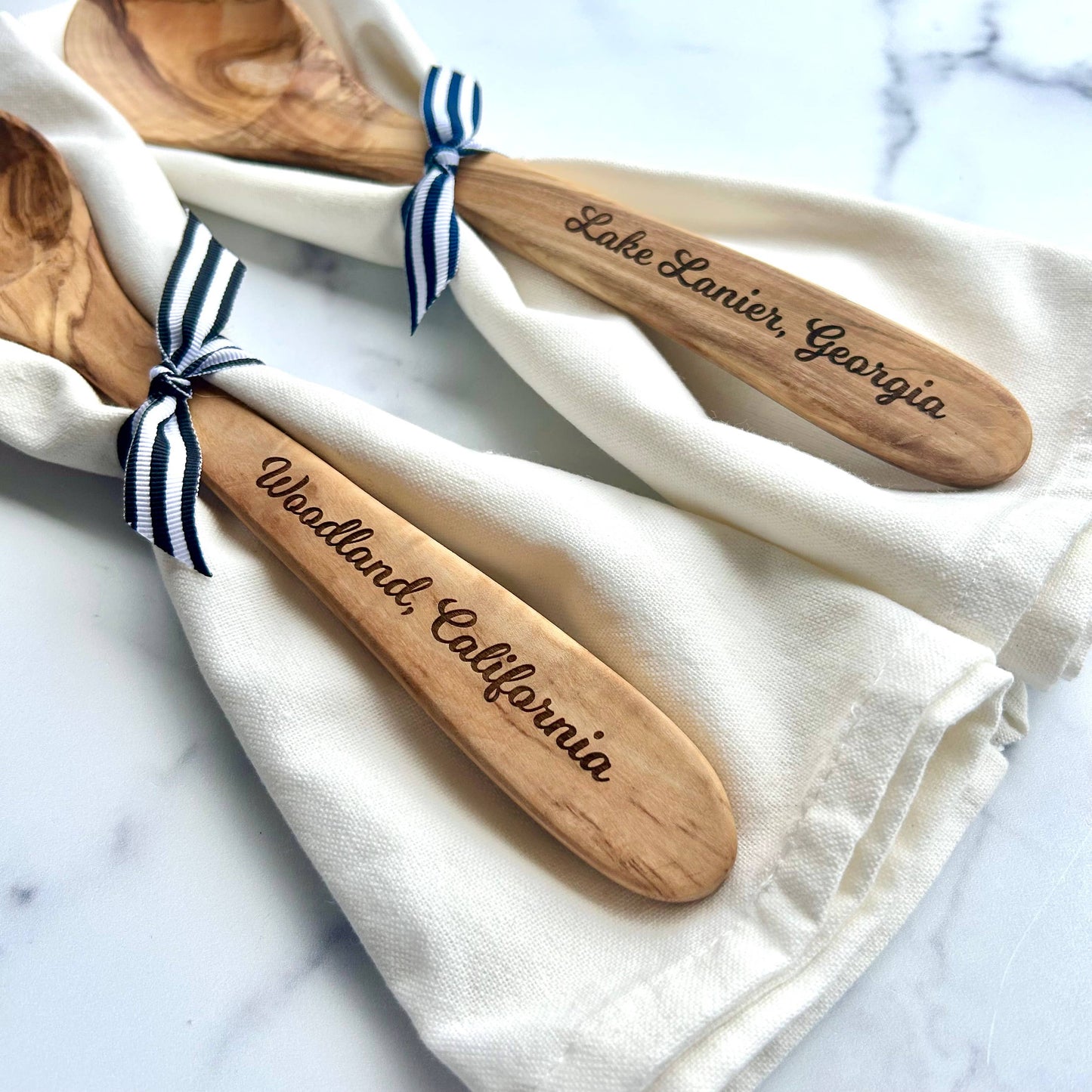 Custom City Name-"Godfrey, Illinois"- Olive Wood Serving Spoon & Towel Gift Set