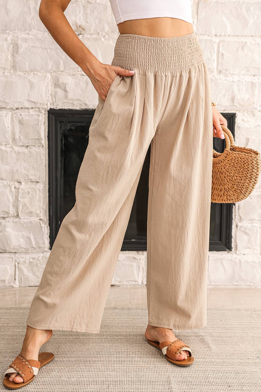 Smocked Wide Waistband High Waist Wide Leg Pants