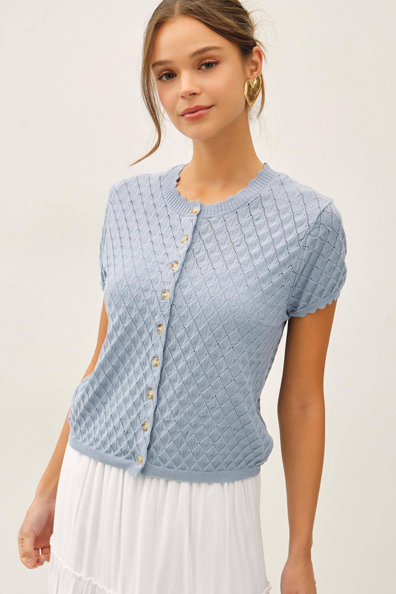 POINTELLE STITCH SHORT SLEEVE CARDIGAN